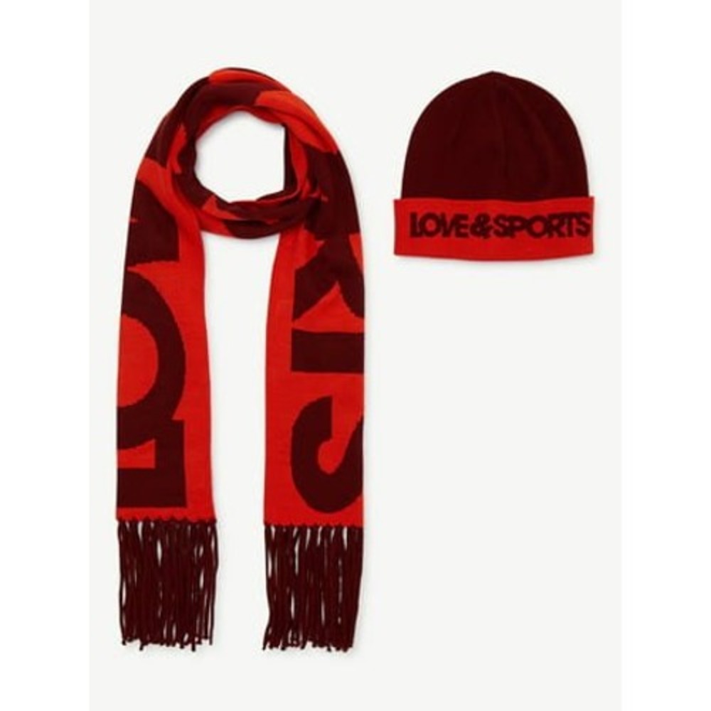 Love & Sports Beanie and Scarf Set Womens S Red Burgundy NWT 2-Piece Knit Logo